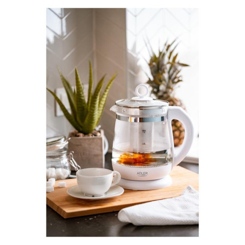 Czajnik elektryczny ADLER AD 1299, 1,5L, z regulacją temperatury i zaparzaczem, szklany, biały-8753776