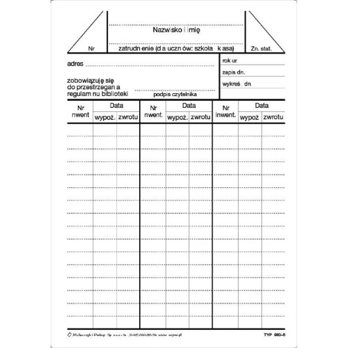 Druk Karta Biblioteczna M&P 50 szt.